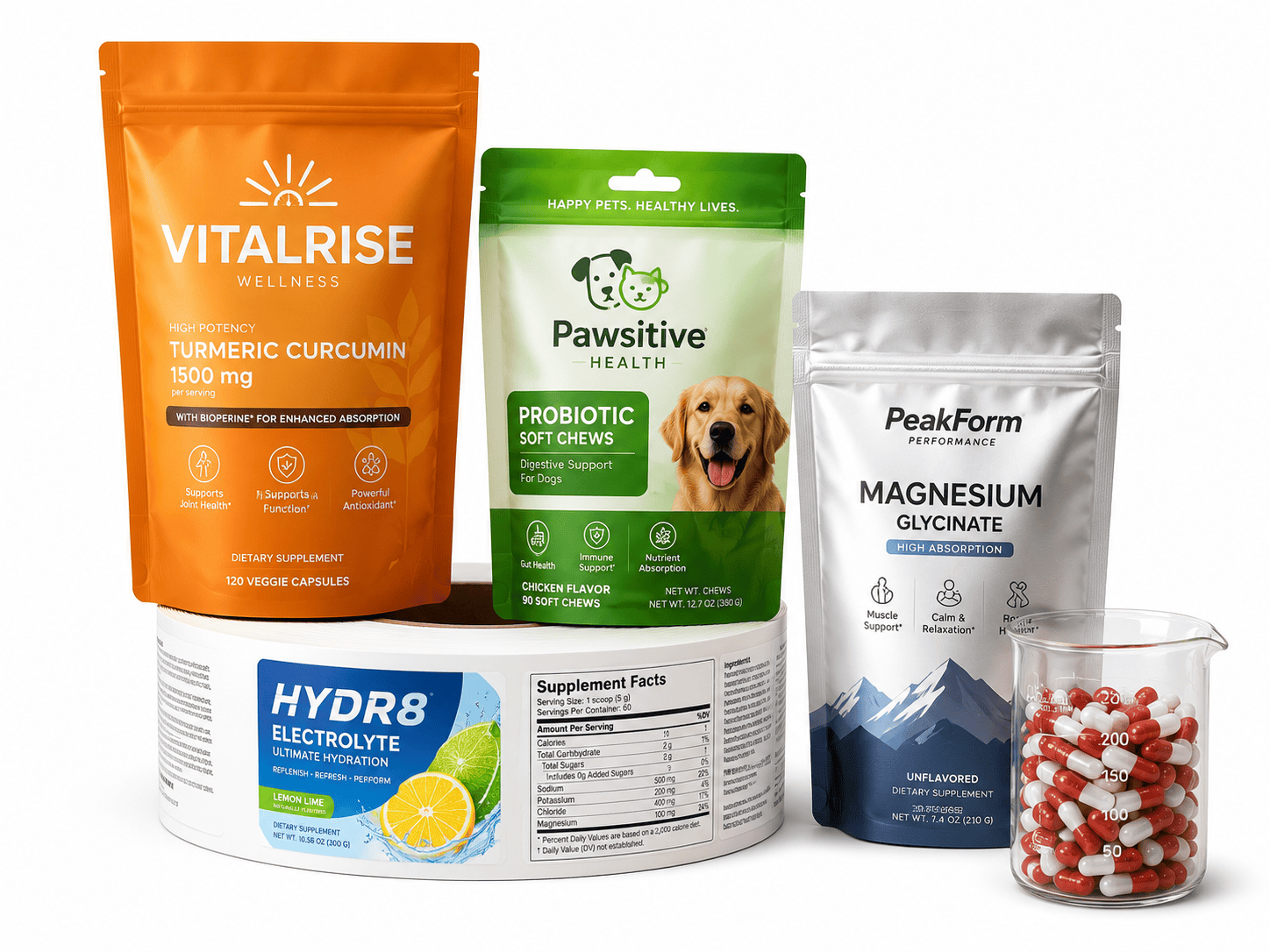 Collection of health supplements including turmeric curcumin, probiotic chews for dogs, magnesium glycinate, electrolyte powder, and capsules.
